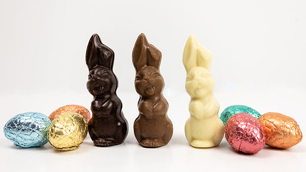 Three Gourmet Chocolate Bunnies in each dark, milk, and white chocolate and 6 chocolate eggs